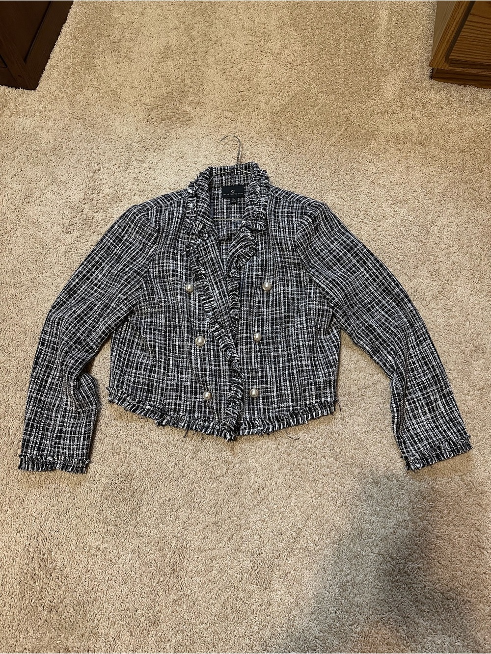 Worthington Black & White Plaid Fringe Tweed Blazer